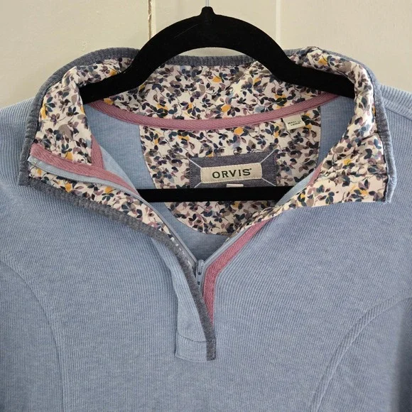 Orvis Womens Signature Floral Trim Quarter Zip Sweatshirt Blue, Size Med, Ribbed - Picture 4 of 13